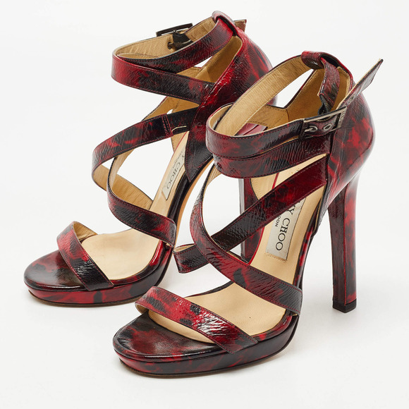 Jimmy Choo Shoes - Jimmy Choo Leather Double Criss Cross Ankle Strap Sandals Red/Black Size 6.5